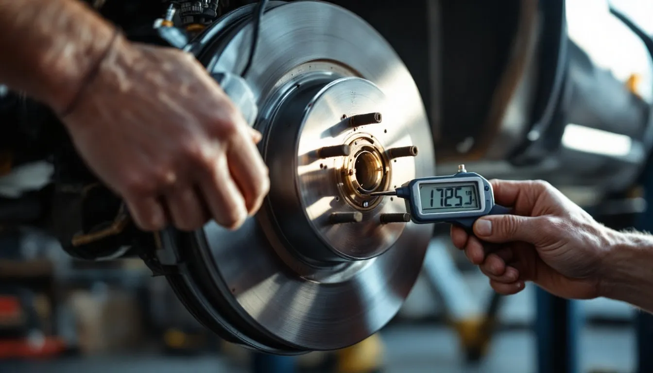 Close view of brake pads and a rotor during a thickness inspection