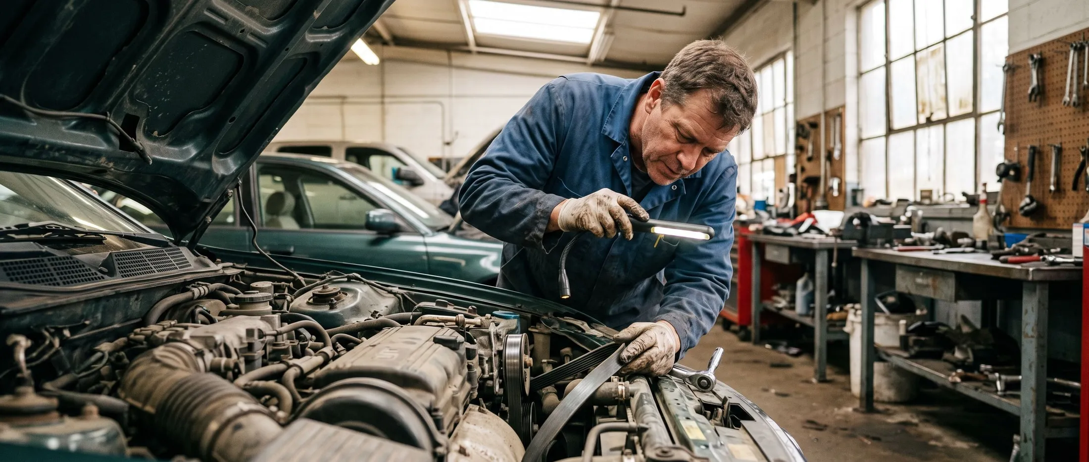 Mechanic inspecting a serpentine belt and pulleys in an open engine bay