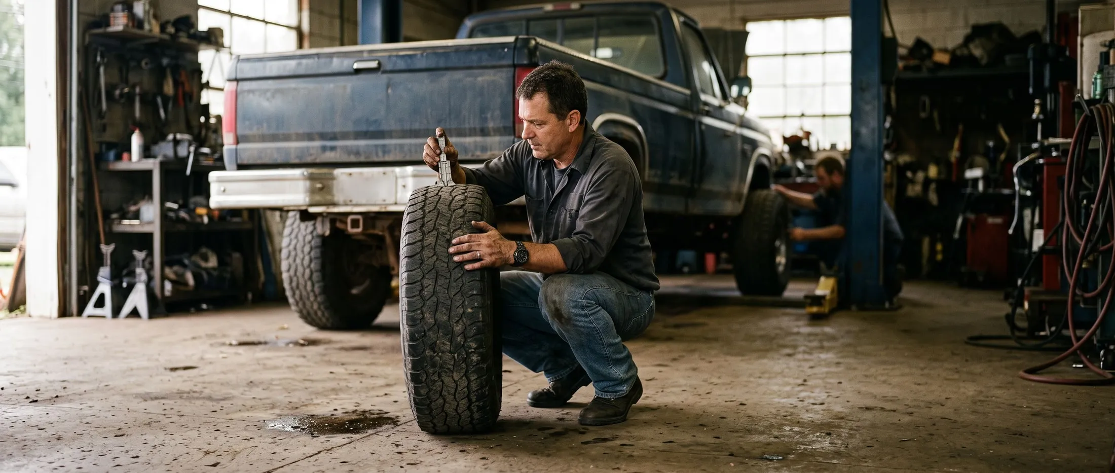 Two matching tires being measured for tread depth before axle replacement