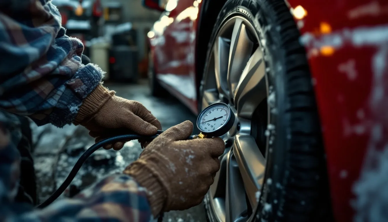 Technician checking tire pressure on a cold morning with a handheld gauge