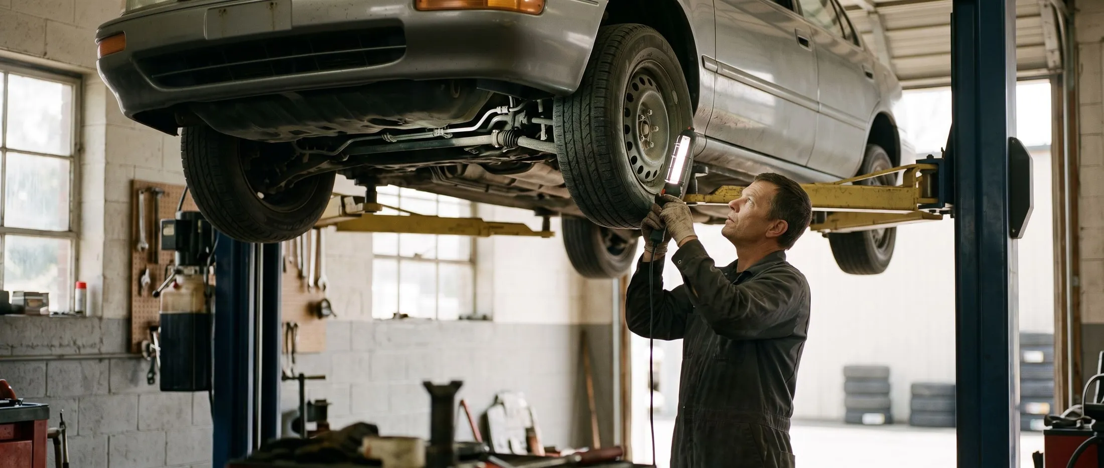 Technician examining a Virginia safety inspection item beneath a raised car