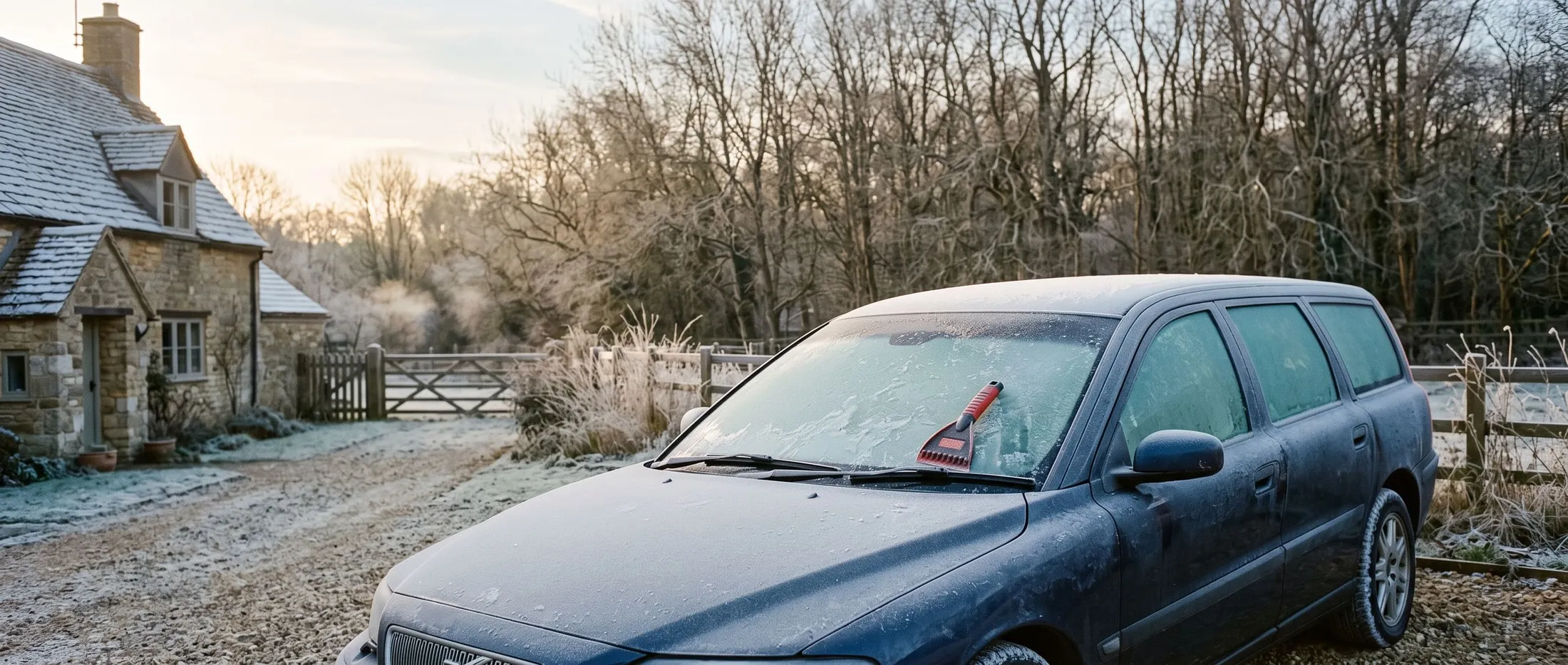 A car windscreen covered in heavy frost on a cold winter morning